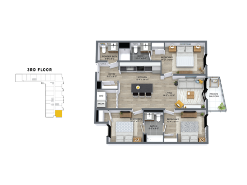 Floor plan for 3 beds, 2.5 baths, 1196 sqft